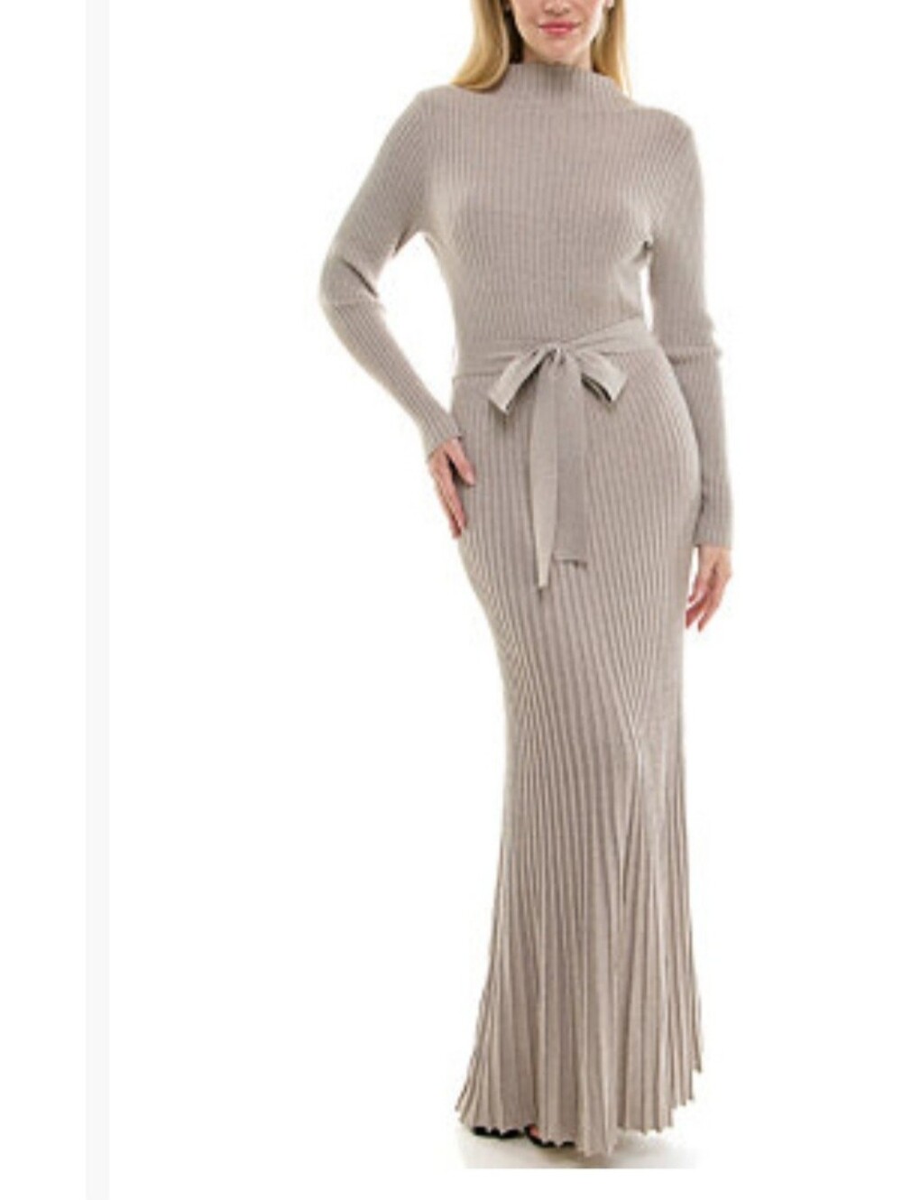 Taylor Women's Belted Ribbed Knit Mock Neck Sweater Dress in Taupe SIZE M NWT